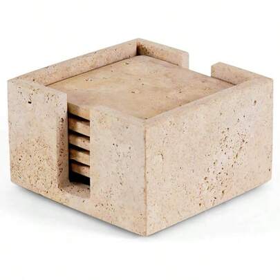 Marble Coasters Set Of 6 Handmade 3.5 Inch Square Travertine Coaster Drinks With Holder - Stone Drink Coasters Coffee Bar Accessories, Dining Table Home Dcor