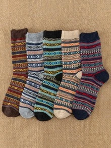 5双加厚复古格子中筒袜，羊毛混纺，男士，秋冬款