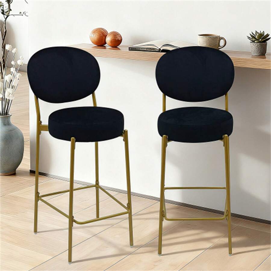 MoolSun 29 Inch Bar Stool Set - Counter Height Stool, Velvet Counter Stool, High Stool With Backrest And Metal Legs, Medieval Modern Bar Chair For Kitchen Island, Dining Room Chair - 黑色 - 查看 1