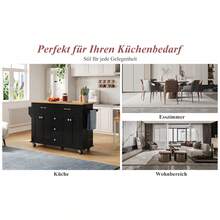 Carrito de cocina multifuncional con encimera plegable, 120*65 cm expandible, con 5 cajones, gabinetes, soporte para especias y toallas, sobre ruedas - Isla de cocina para cocina, comedor y sala de estar - Negro+Natural+MDF+Cocina - Ver 10