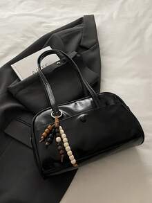 1 chiếc túi tote khóa kéo phong cách retro tối giản, được trang trí bằng các ngăn nhỏ, có hai quai xách, phù hợp cho nữ giới sử dụng hàng ngày khi đi làm và dạo phố. - màu đen - Xem 9