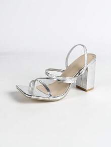 Zapatos de tacón alto plateados para mujer, tacón cuadrado grueso, tacones altos versátiles, cuero suave, cómodos, adecuados para diversas ocasiones, atuendos de primavera y verano - Plateado - Ver 7