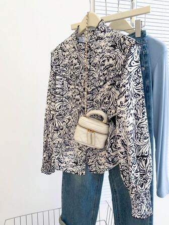 Women's Vintage Floral Print Mandarin Collar Long Sleeve Single-Breasted Casual/Business/Beach Loose Blouse, Autumn/Winter