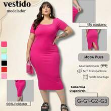Plus Size Midi Dress With Fitted Waist And Shaping Effect, Short Sleeves - Rosa Fucsia - Ver 3