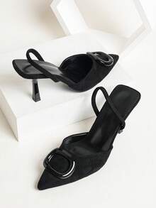 女士极简尖头金属扣装饰细高跟凉鞋，时尚性感露趾派对高跟鞋，适合夏季户外活动、派对、婚礼、情人节等场合。 - 黑色 - 查看 1