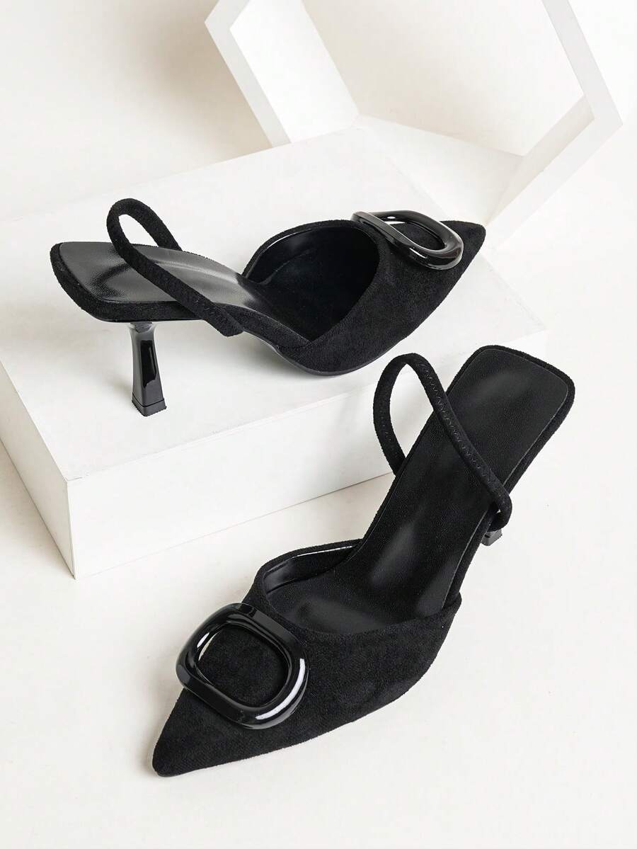 女士极简尖头金属扣装饰细高跟凉鞋，时尚性感露趾派对高跟鞋，适合夏季户外活动、派对、婚礼、情人节等场合。 - 黑色 - 查看 1