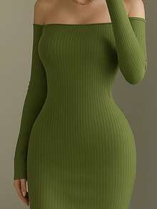 Vestido Largo Maxi Hombros Descubiertos Elegante Casual formal cómodo para oficia casa cita en tela Canale - Verde Oliva - Ver 2