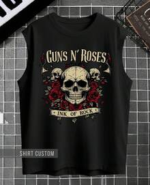 Oversized Tank Top Guns Caveira Ink Of Skull Flowers Banda Rock And Roll - 黑色 - 查看 3