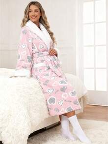 Latest Women's Long Thermal Nightdress, Soft And Warm Long Printed Fluffy Bathrobe, Autumn/Winter Thickened Bathrobe, Women's Casual Knitted Knee-Length Robe With Tie Waist, Standard Cuffs For Comfortable Sleepwear, Pocketed Shower Robe For Home Wear.