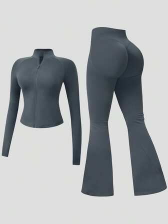 NcmRyu 1 Conjunto de Mujer Traje de Activewear con Pantalón Acampanado de Manga Larga con Cuello Simulado y Cremallera, Costilla sin Costuras