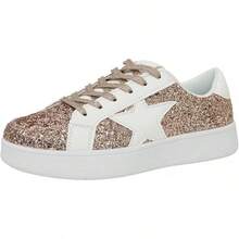 Niluber Star Sneakers For Women Low Top Cushioned White Gold Sliver Leopard Platform Sneakers Lace Up Red Glitter Platform Party ShoesChristmas - 金色亮片 - 查看 12