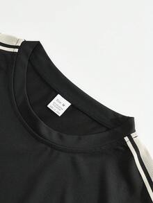Conjunto deportivo informal ligero negro para hombres, camiseta de manga corta a rayas negras y blancas + pantalones cortos, conjunto de 2 piezas, verano - Negro - Ver 5