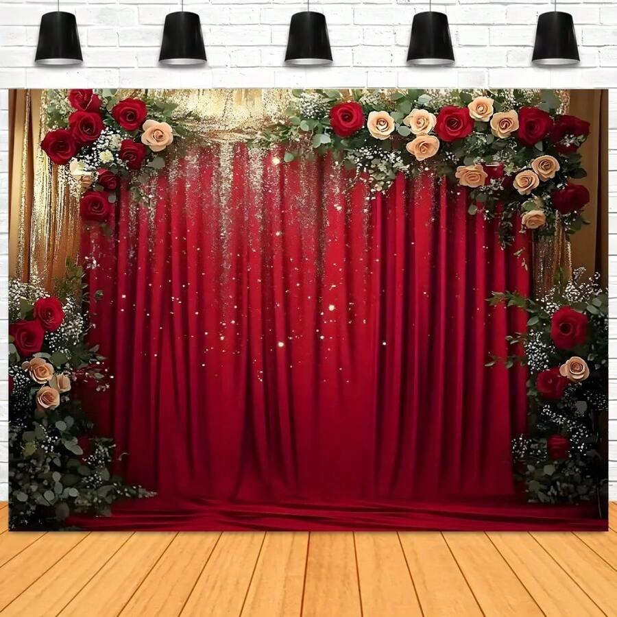 Red & Gold Curtain, Red & White Rose Design Background Cloth, Birthday, Bride, Party Decoration, Portrait Photography Studio Backdrop, Vinyl - Red - View 1