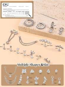 17Pcs 16G/18G/20G Threadless Flat Back Earrings 316L Surgical Steel Cartilage Earring Stacks Flatback Push In Nose Rings Studs Hypoallergenic Tragus Helix Conch Labret Medusa Piercing Jewelry - 款式1-銀色 - 查看 5