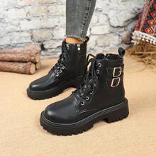 时尚黑色靴子，厚底增高，系带+侧拉链，街头风踝靴，搭扣，正装靴 - 黑色 - 查看 3