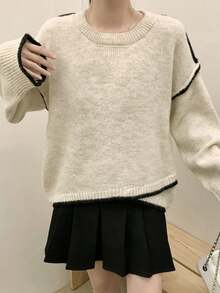 New Loose Fit Criss-Cross Color Block Pullover Sweater For Women, Slimming Effect - Apricot - View 2