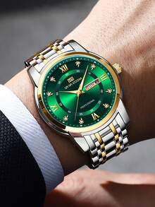 1pc Men's Quartz Watch, 41mm Classic Luxury Diamond Calendar Clock, Green/Blue/Gold/Silver/Black Stainless Steel Dial, Genuine Quartz Movement, 3 Bar Water Resistant, Business Style, Exquisite Couple Watch - Green - View 3