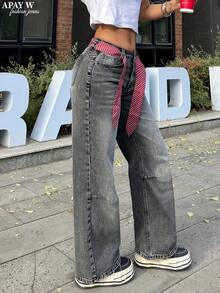 Women's Y2K Loose Straight Leg Jeans, Low Waist Vintage Acid Wash Denim Pants, Casual Street Style Jeans For Ladies - Grey - View 2