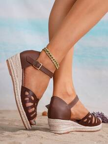 Women's Brown Leather Hollow-Out Breathable Fashion Casual Vacation Woven Straw Rope Platform Wedge Sandals - Brown - View 8