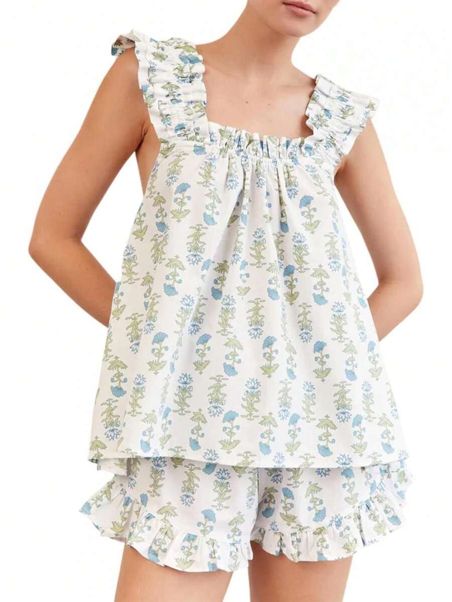 Women Floral Print Summer Set Square Neck Flutter Sleeve Loose Tank Tops Ruffled Shorts 2-Piece Outfits - Màu xanh lam - Xem 1