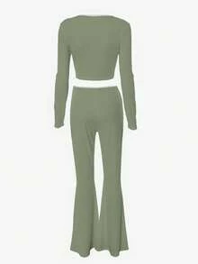 Conjunto de pantalones acampanados de cintura baja elástica y sexy y cómodos - Verde - Ver 6