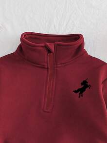 Chatreadl 2 piezas Conjunto de sudadera y pantalones de unicolor con bordado de unicornio para niñas, diseño minimalista, cómodo para primavera, otoño e invierno - Burdeos - Ver 4