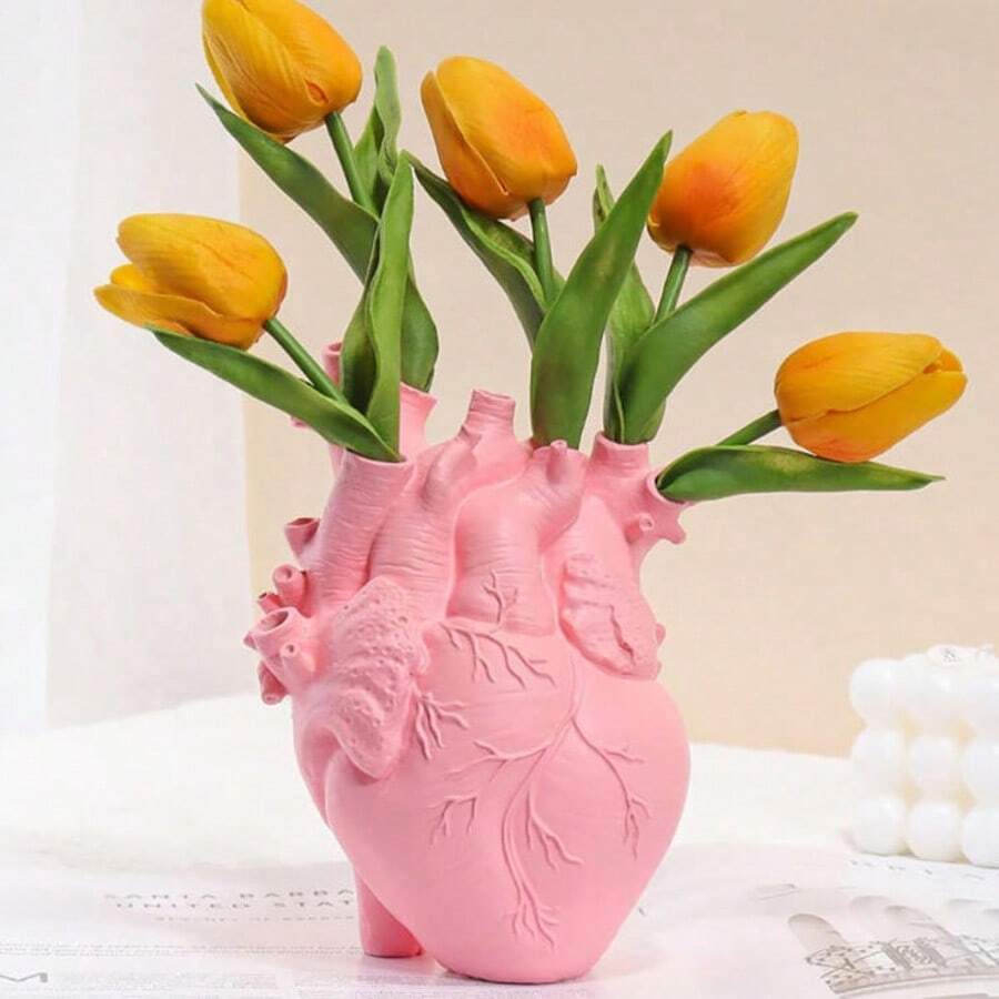 1PC Anatomical Heart Vase, Creepy Pink Resin Flower Pot, Halloween Home Desk Decor With Floral Holder, Unique Gift For Anatomy Enthusiasts - 粉色 - 查看 1