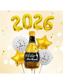 2026 New Year Themed Aluminum Foil Balloon Set, With A Light Luxury And Atmospheric Style, Including Numbers, Champagne Bottles, And Star Shapes, With A Golden Tone, Suitable For New Year Parties, Creating A Luxurious Welcoming Atmosphere. - Multicolor - View 3