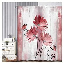 Rustic Farmhouse Shower Curtain, Farm Red Daisy Floral Flowers And Butterfly, Light Burgundy Gray Shower Curtain With 12PCS Hooks, 60X70 - 多色560 - 查看 3