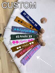 1pc Personalized Embroidered Pacifier Clip, Collar Clip, Choker Accessory, Custom Embroidered Soft Fabric Pacifier Clip Chain, Wooden Pacifier Clip With Handkerchief, Anti-Lost Clip, Collar Clip, Handmade Embroidered Name/Letter, Fashionable,Trinkets, Custom Name - Multicolor - View 1