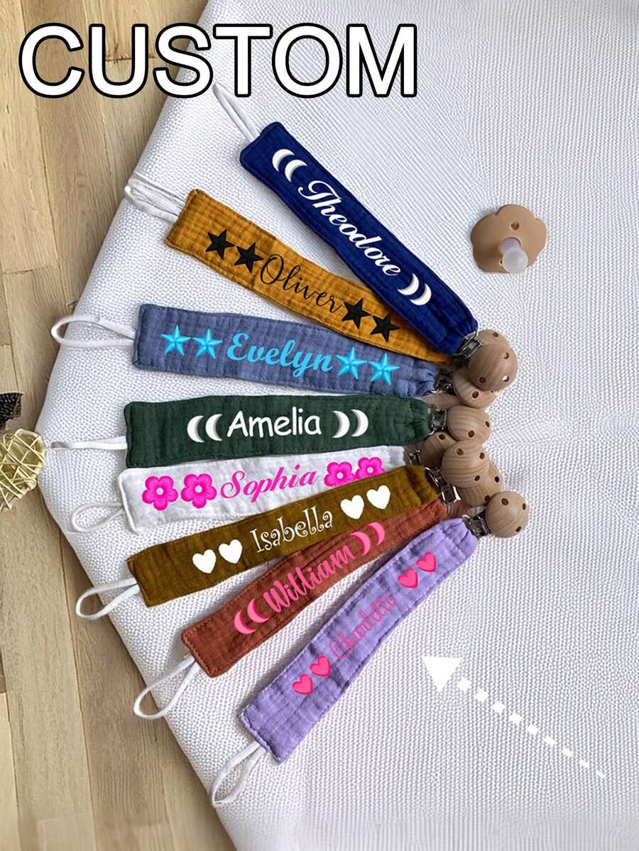 1pc Personalized Embroidered Pacifier Clip, Collar Clip, Choker Accessory, Custom Embroidered Soft Fabric Pacifier Clip Chain, Wooden Pacifier Clip With Handkerchief, Anti-Lost Clip, Collar Clip, Handmade Embroidered Name/Letter, Fashionable,Trinkets, Custom Name - Multicolor - View 1
