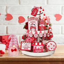 Set de 13 piezas de decoración para San Valentín: bandeja escalonada con gnomos de madera y corazón. Ideal para decorar el hogar o como recuerdo de fiesta. - Rosa Fucsia - Ver 1