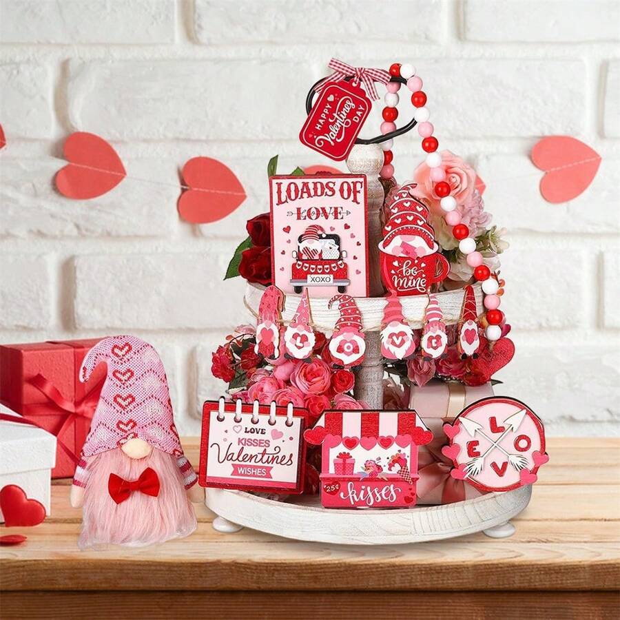 Set de 13 piezas de decoración para San Valentín: bandeja escalonada con gnomos de madera y corazón. Ideal para decorar el hogar o como recuerdo de fiesta. - Rosa Fucsia - Ver 1