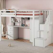 Bunk Bed With Desk And Wardrobe, Stairs, Multifunctional Children's Bed, Children's Bunk Bed, Equipped With Drawers And Stair Wardrobe, 90*200cm White - 白色 - 查看 4