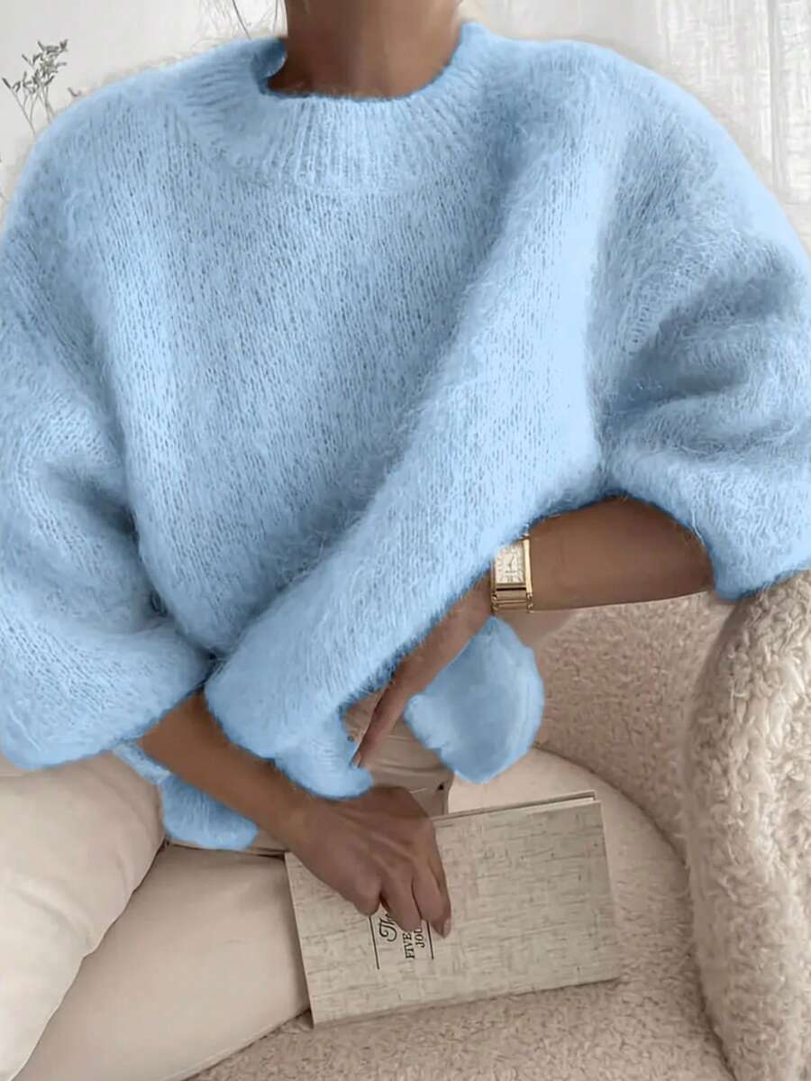 Women's Fashionable Minimalist Fuzzy Ribbed Knit Crew Neck Sweater, Regular Length, Drop Shoulder, 3/4 Sleeve Top - Baby Blue - View 1