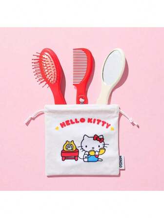 Miniso 名创优品 x Hello Kitty 系列 3 件套镜梳套装，含收纳袋，包括气垫梳、发梳、化妆镜和收纳袋