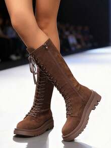 Women's Winter Over-The-Knee Boots, Black Boots, Brown Boots, Front Lace-Up Round Toe Thick Sole Tall Boots, Side Zipper Design Boots, Everyday Commute High Shaft Boots