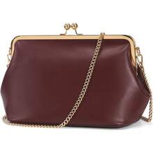 Women's Kiss Lock Crossbody Bag PU Medium Handbags Kiss Clasp Crossbody Shoulder Bags Tote Purse Messenger Handbag - 酒紅色 - 查看 1