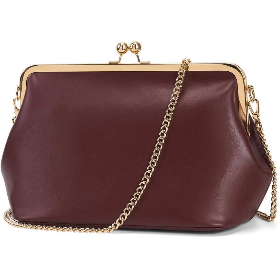 Women's Kiss Lock Crossbody Bag PU Medium Handbags Kiss Clasp Crossbody Shoulder Bags Tote Purse Messenger Handbag - 酒紅色 - 查看 1