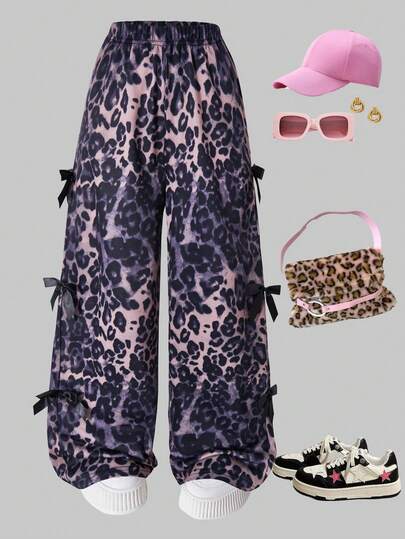 Girls Leopard Print Sport Pants With Wide Legs And Side Bow Casual Fashion Pants, Perfect For Daily Gatherings And Campus Wear