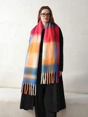 1 st färgglad randig rutig halsduk för kvinnor, elegant och snygg gatukläder, hudvänlig, mångsidig för höst/vinter, lämplig för utomhusaktiviteter som skidåkning eller daglig pendling