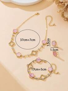 1 pièce Collier pendentif romantique et délicat incrusté de strass ajouré trèfle à quatre feuilles & trèfle à cinq feuilles, 1 pièce Bracelet, 1 pièce paire de boucles d'oreilles Ensemble de bijoux pour femmes - Rose bonbon - Voir 6