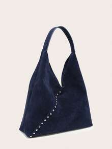 Bolso de hombro/Bolso de mano para mujer, gamuza marrón, gran capacidad, decorado con remaches, estilo vintage versátil para ir al trabajo, adecuado para salidas de otoño/invierno. - azul real - Ver 2