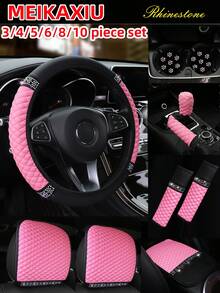 MEIKAXIU PU Leather Embroidered Rhinestone Bling Bling Car Accessories Interior Multi-Piece Set, Including Steering Wheel Cover, Handbrake Cover, Gear Shift Cover, Headrest Pad, Armrest Pad, Cup Holder, Shoulder Pad, Car Decor Set For Women - Leather Diamond - View 13