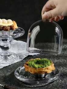 1 pieza Plato de postre de vidrio transparente con tapa antipolvo, adecuado para pasteles, frutas, panes - transparente - Ver 6