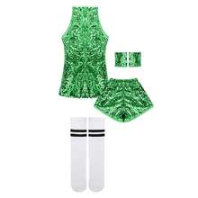LONTAKIDS Girls Sequins Dance Clothes Dress 4-12 Yrs Sparkle Hip Hop Jazz Dance Outfit, Sleeveless Top And Shorts - 綠色 - 查看 11