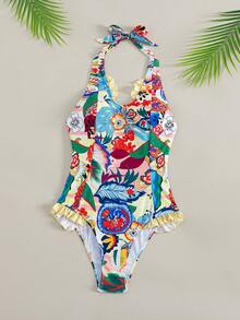 2025 Women's New Vacation Plant Print Patchwork Flounce Halter One-Piece Swimsuit - Black - View 6