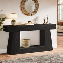 LITTLE TREE Console Table For Living Room, 63" Farmhouse Sofa Table With Storage For Entryway & Hallway, Narrow Long Rustic Design Behind Couch, Oak Finish Versatile Storage Solution - 黑色 - 查看 3