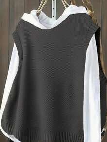 Plus Size Casual Solid Color Crew Neck Knit Sweater Vest - Dark Grey - View 3