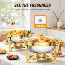Gold Chafing Dishes For Buffet With Glass Lid (5QT, 1/2/4 Pack), Round Chafer & Warmer Set With Lid Holder, Polished 316 Stainless Steel, Rolled Rim Process, Chafing Dishes For Buffet For Catering Events, Parties, Weddings - 1 gói - Xem 6